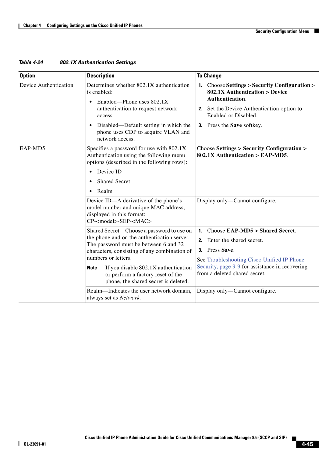 Cisco Systems 8.6 manual Choose Settings Security Configuration, 802.1X Authentication Device, EAP-MD5 