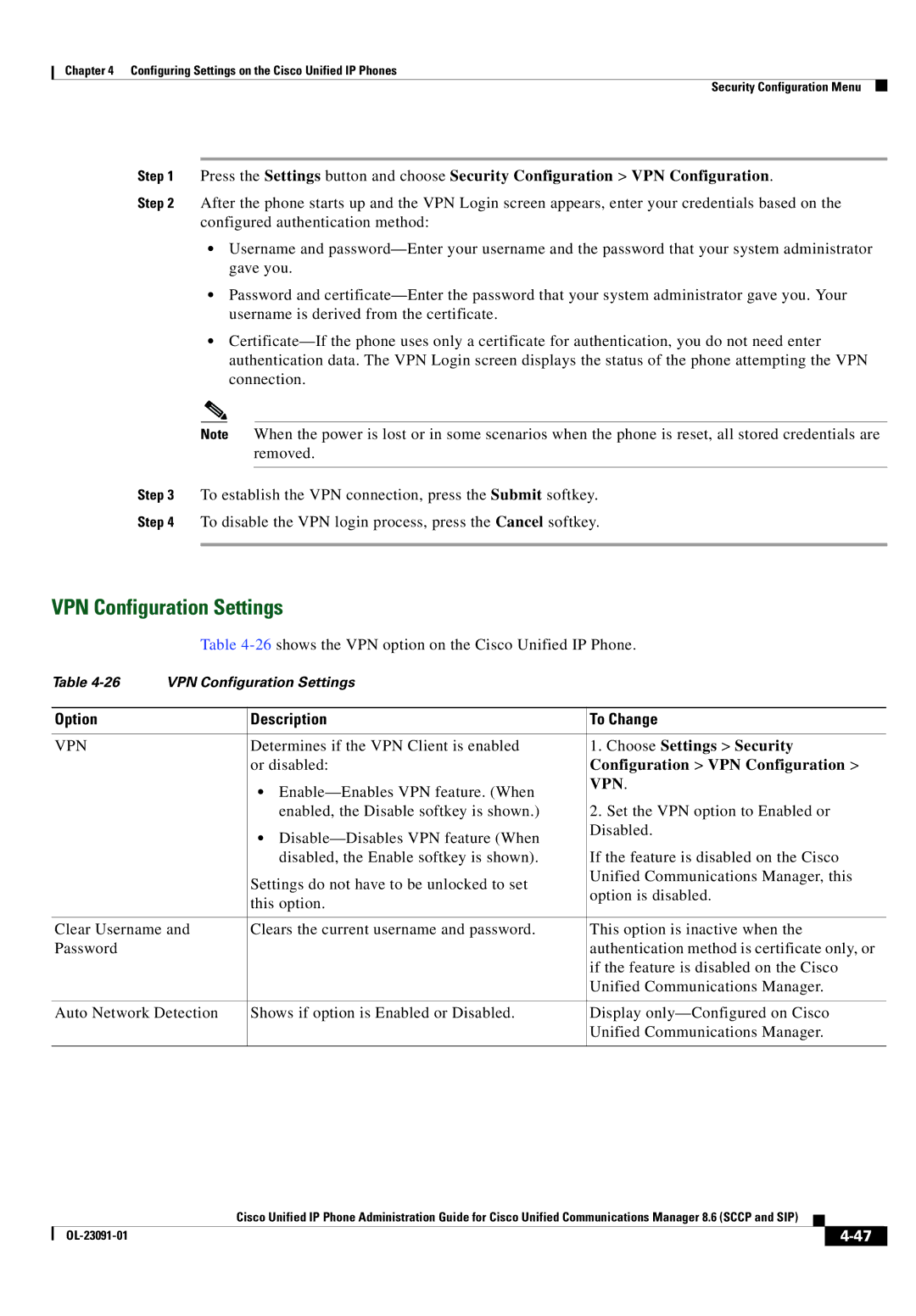 Cisco Systems 8.6 manual VPN Configuration Settings, Choose Settings Security, Configuration VPN Configuration 