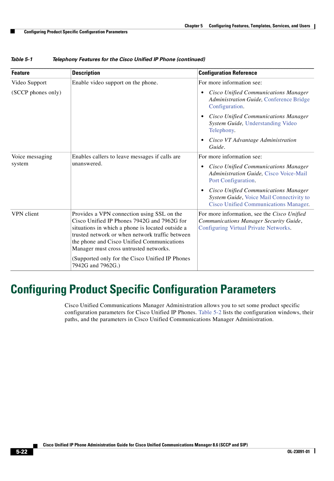 Cisco Systems 8.6 manual Configuring Product Specific Configuration Parameters, Cisco VT Advantage Administration 