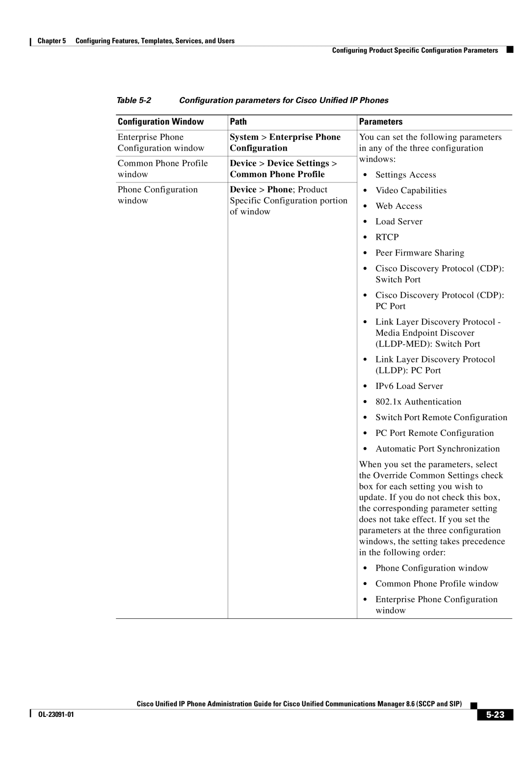 Cisco Systems 8.6 Configuration Window Path Parameters, Device Device Settings, Common Phone Profile, Device Phone Product 