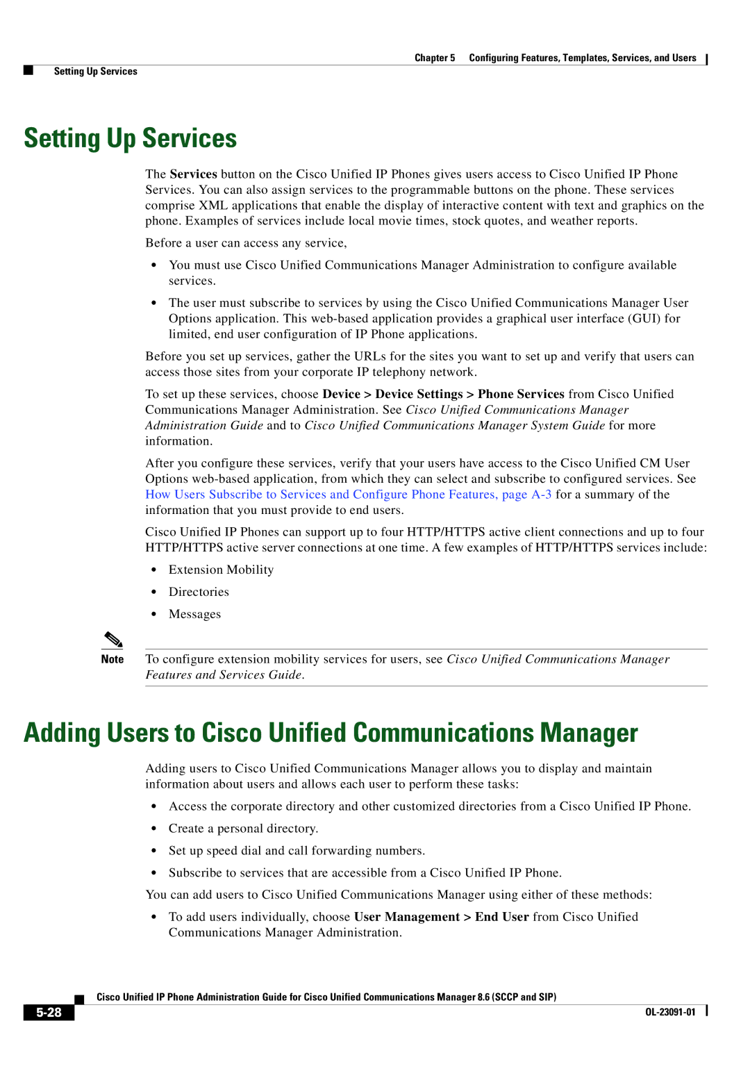 Cisco Systems 8.6 manual Setting Up Services, Adding Users to Cisco Unified Communications Manager 