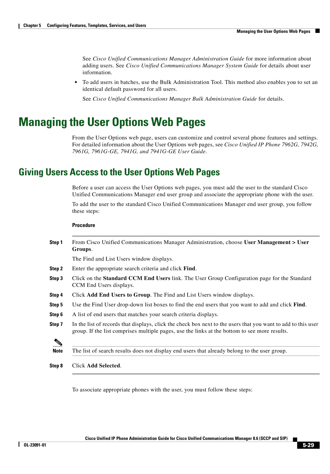 Cisco Systems 8.6 manual Managing the User Options Web Pages, Giving Users Access to the User Options Web Pages 