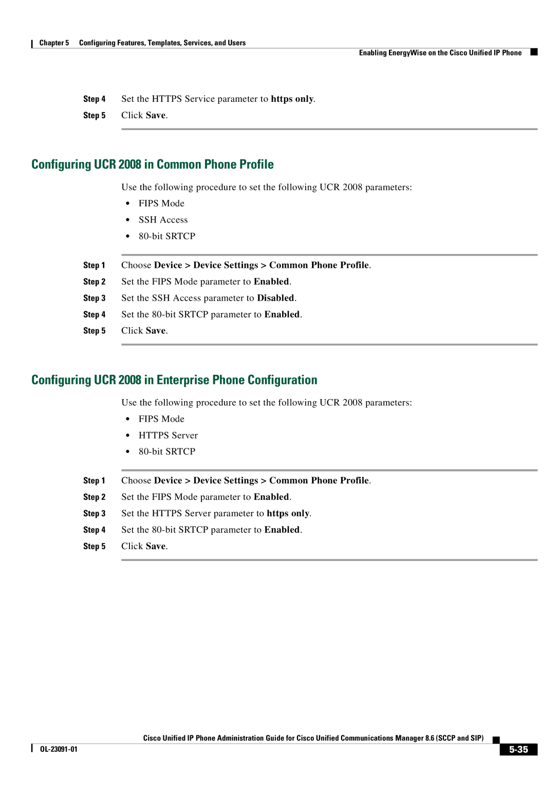 Cisco Systems 8.6 Configuring UCR 2008 in Common Phone Profile, Configuring UCR 2008 in Enterprise Phone Configuration 