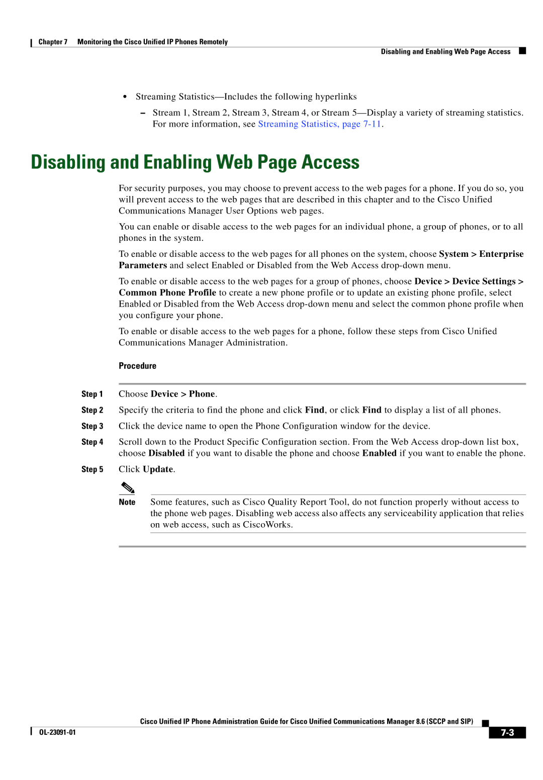 Cisco Systems 8.6 manual Disabling and Enabling Web Page Access, Click Update 