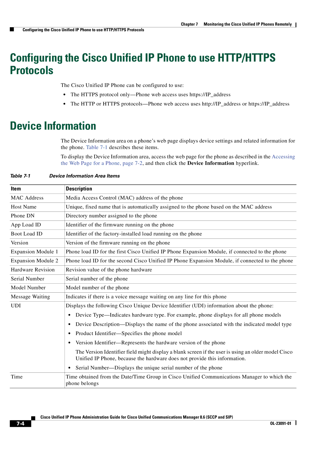 Cisco Systems 8.6 manual Device Information, Phone. -1describes these items, Udi 