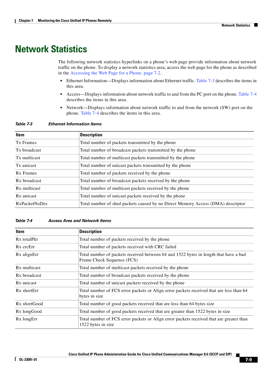 Cisco Systems 8.6 manual Network Statistics 