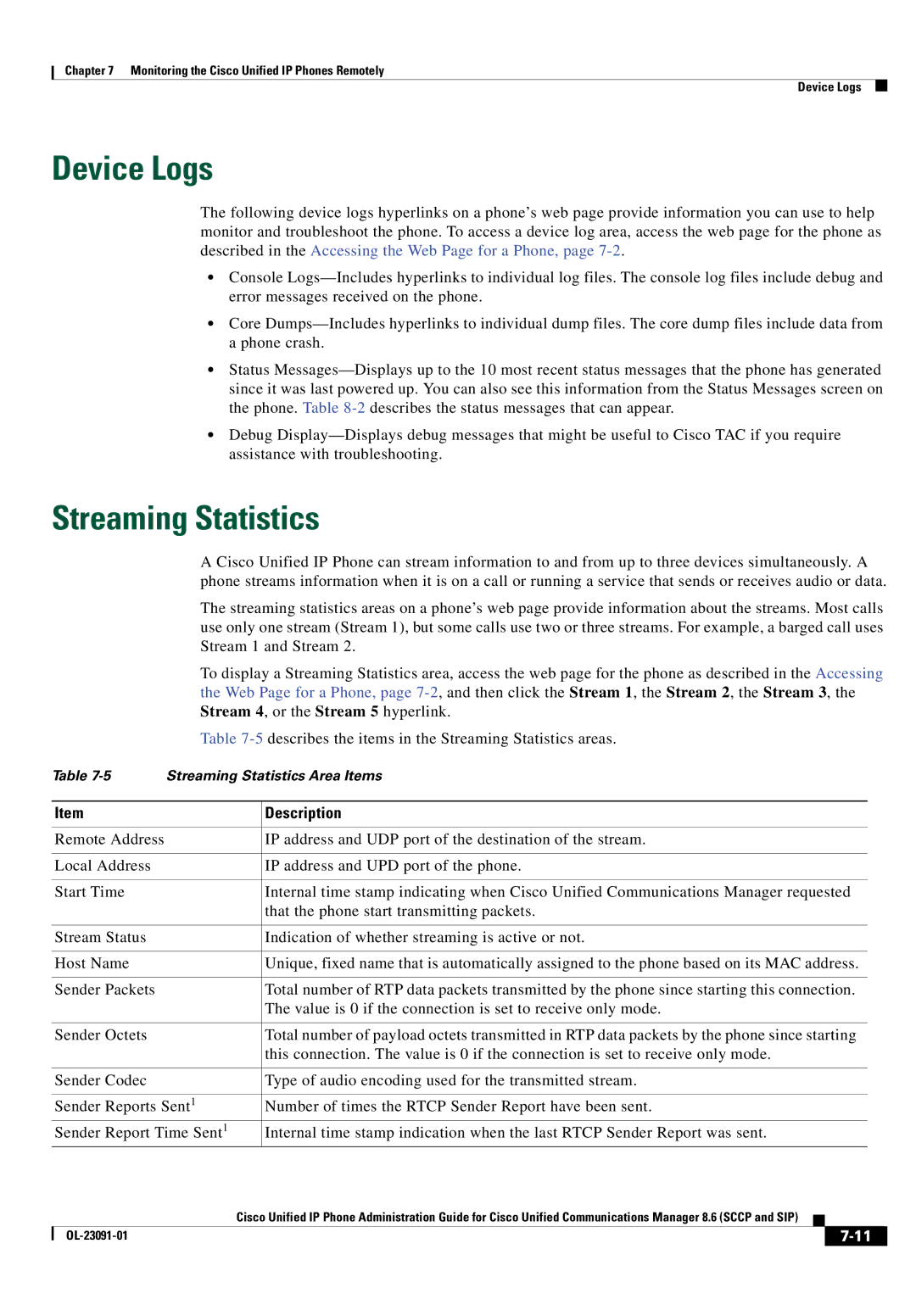 Cisco Systems 8.6 manual Device Logs, Streaming Statistics, Stream 1 and Stream, Stream 4, or the Stream 5 hyperlink 