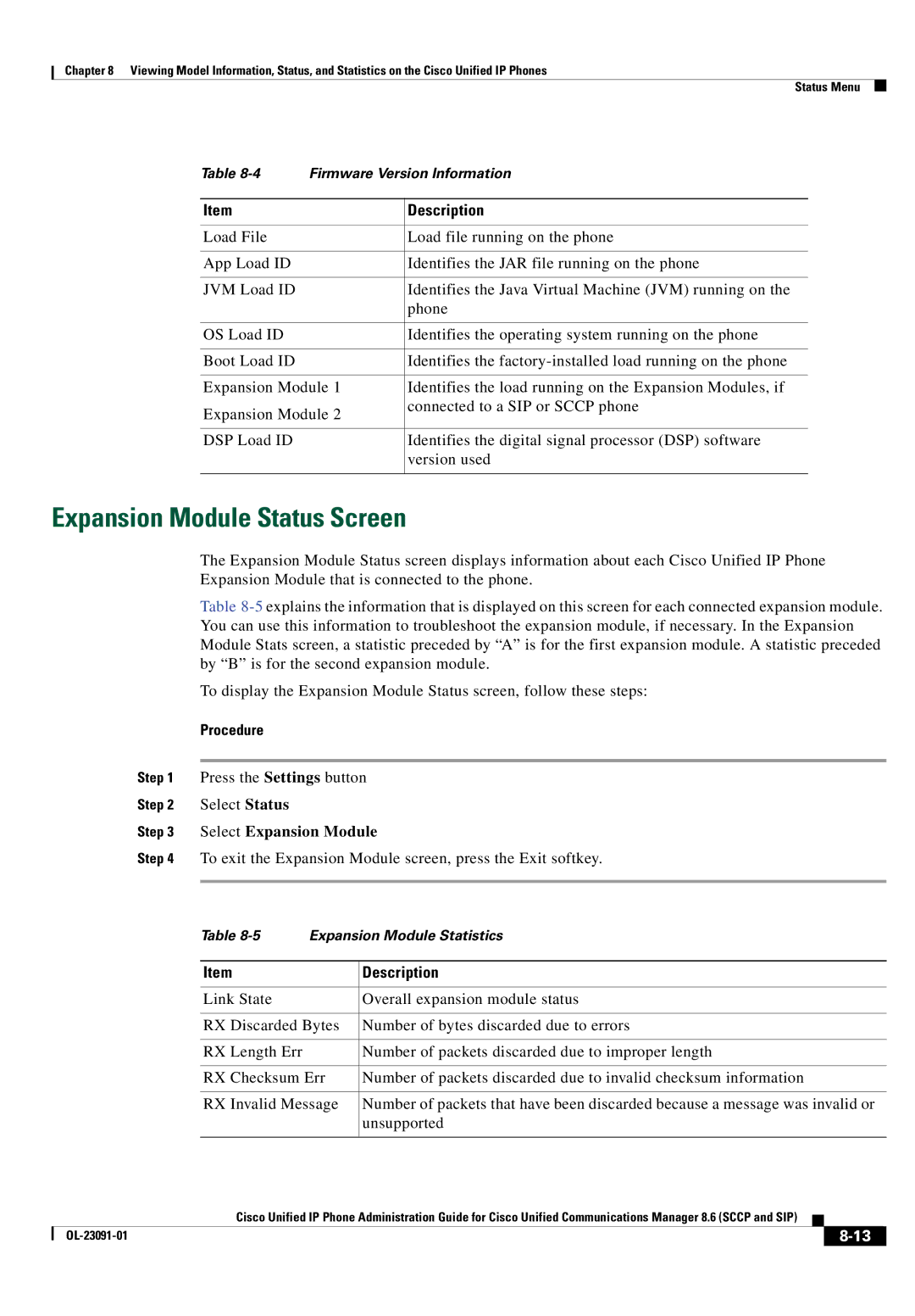 Cisco Systems 8.6 manual Expansion Module Status Screen, Select Expansion Module 