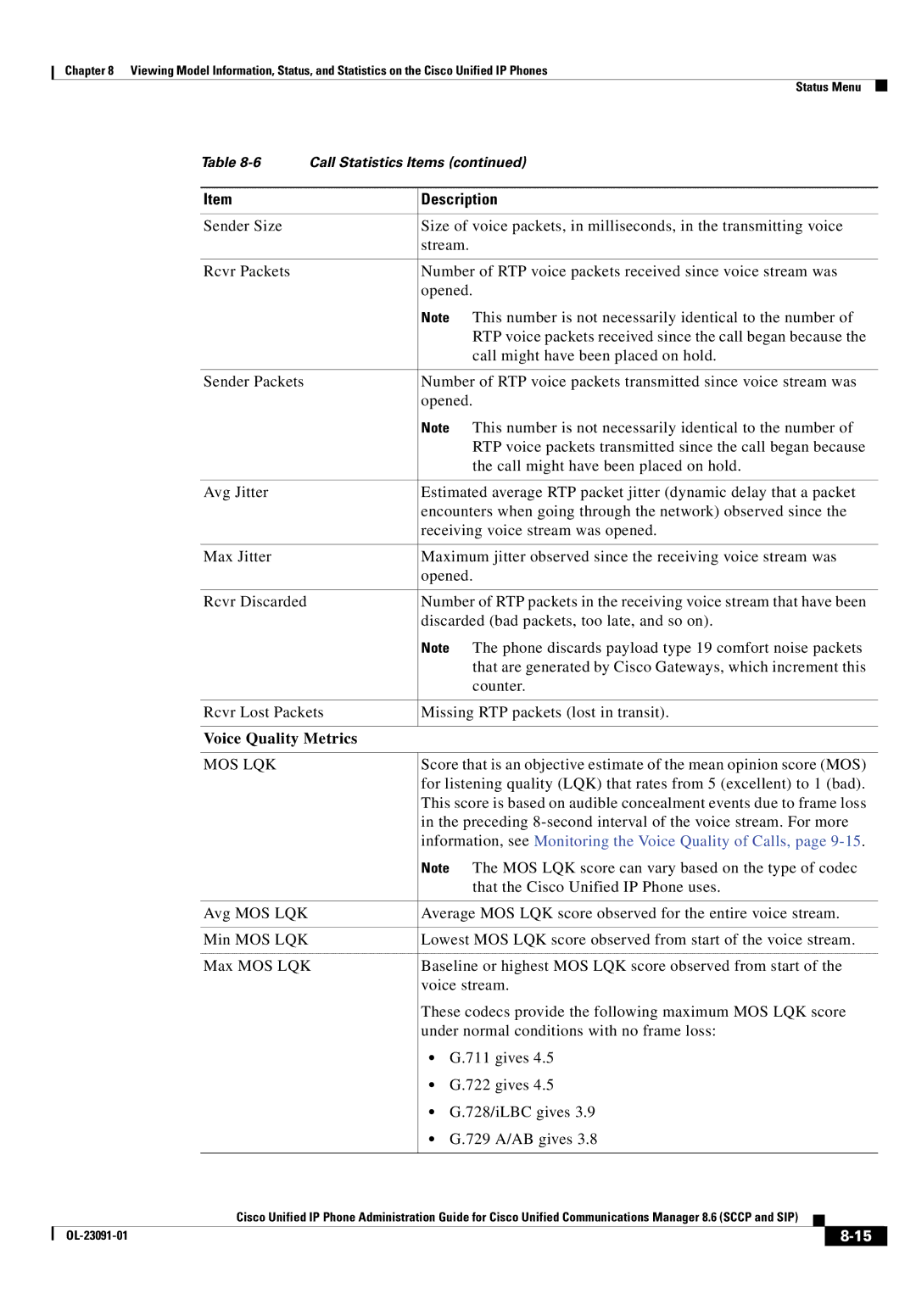 Cisco Systems 8.6 manual Preceding 8-second interval of the voice stream. For more, That the Cisco Unified IP Phone uses 