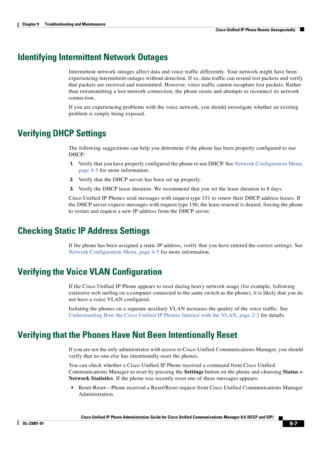 Cisco Systems 8.6 Identifying Intermittent Network Outages, Verifying Dhcp Settings, Checking Static IP Address Settings 