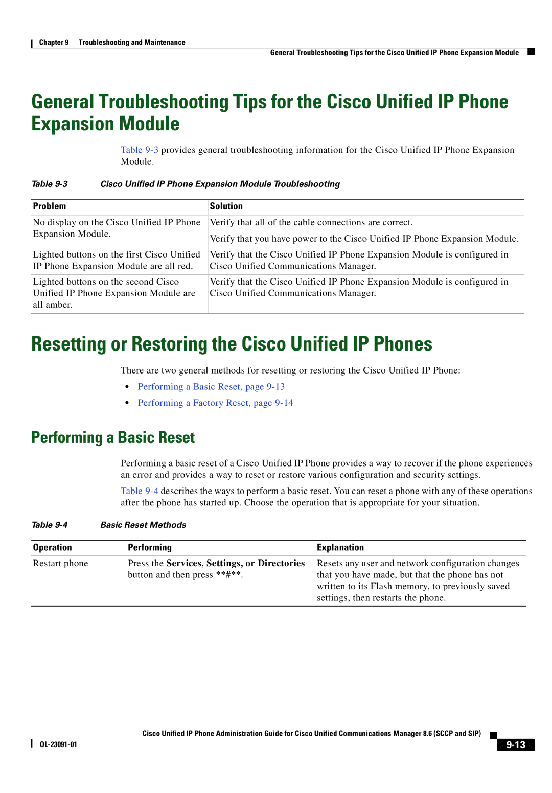 Cisco Systems 8.6 manual Resetting or Restoring the Cisco Unified IP Phones, Performing a Basic Reset, Problem Solution 