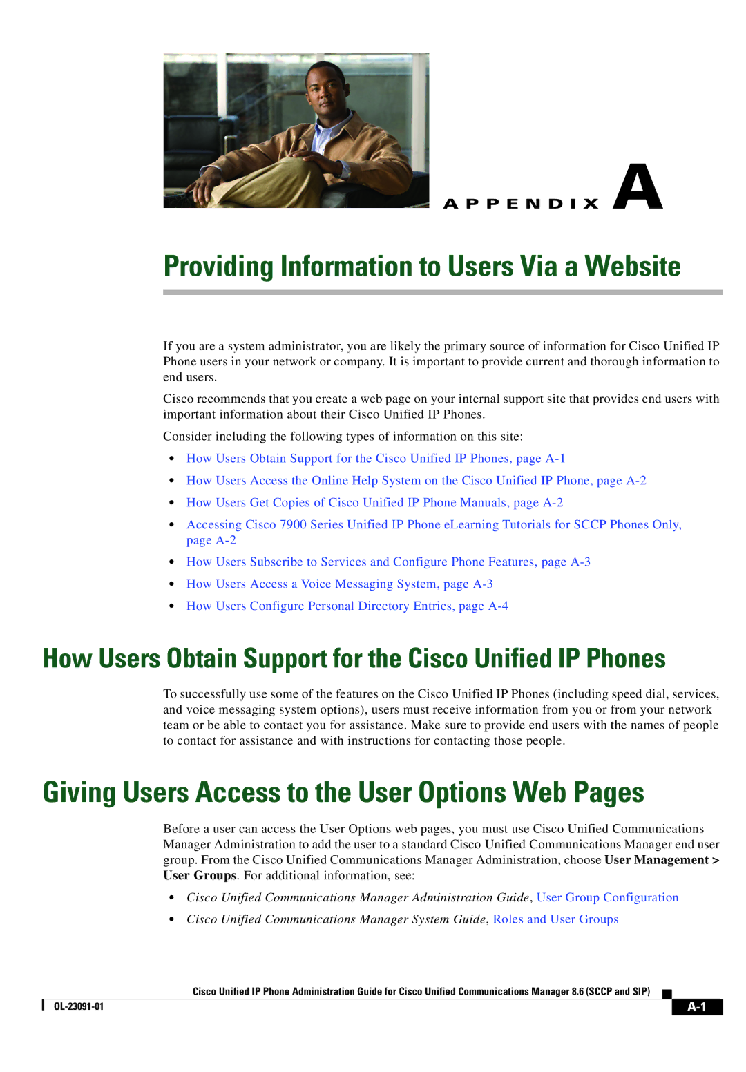 Cisco Systems 8.6 manual Giving Users Access to the User Options Web Pages, Providing Information to Users Via a Website 