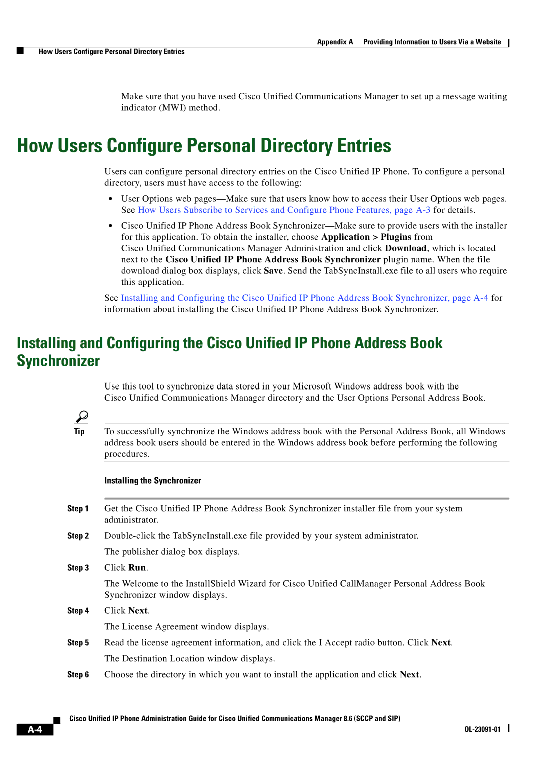 Cisco Systems 8.6 manual How Users Configure Personal Directory Entries, Installing the Synchronizer 