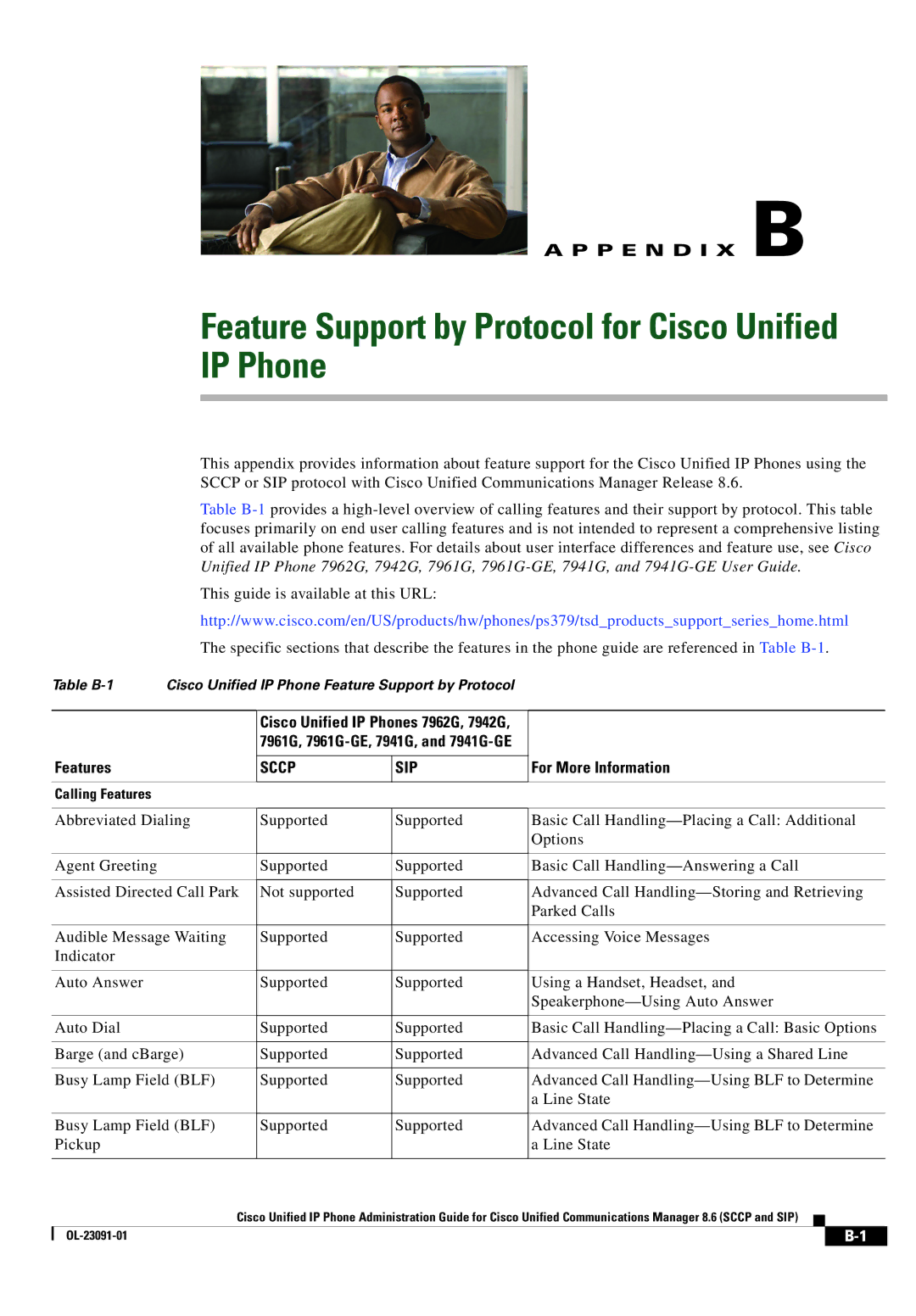 Cisco Systems 8.6 manual Feature Support by Protocol for Cisco Unified IP Phone, Features 