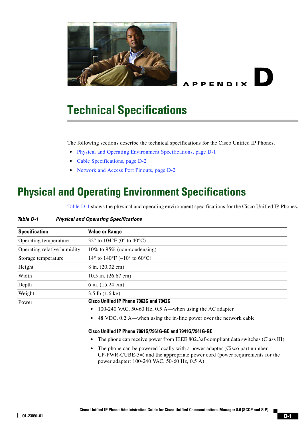 Cisco Systems 8.6 manual Physical and Operating Environment Specifications, Specification Value or Range 