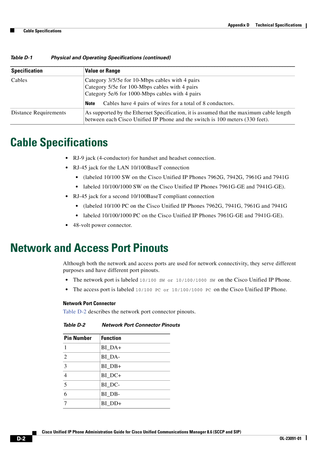 Cisco Systems 8.6 manual Cable Specifications, Network and Access Port Pinouts, Network Port Connector, Pin Number 