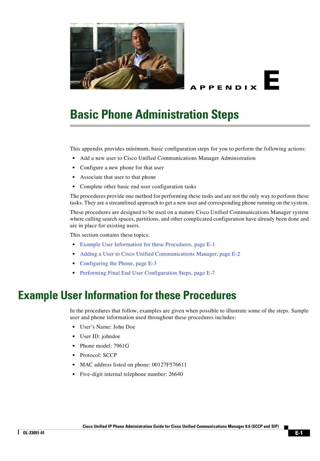 Cisco Systems 8.6 manual Basic Phone Administration Steps, Example User Information for these Procedures 