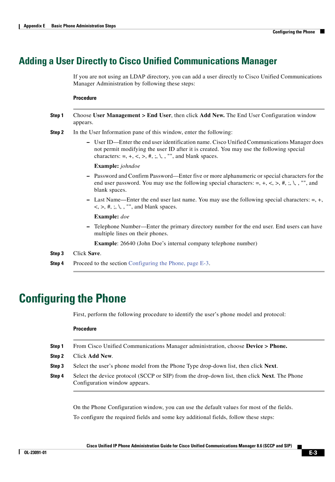 Cisco Systems 8.6 manual Configuring the Phone, Example johndoe, Example doe 