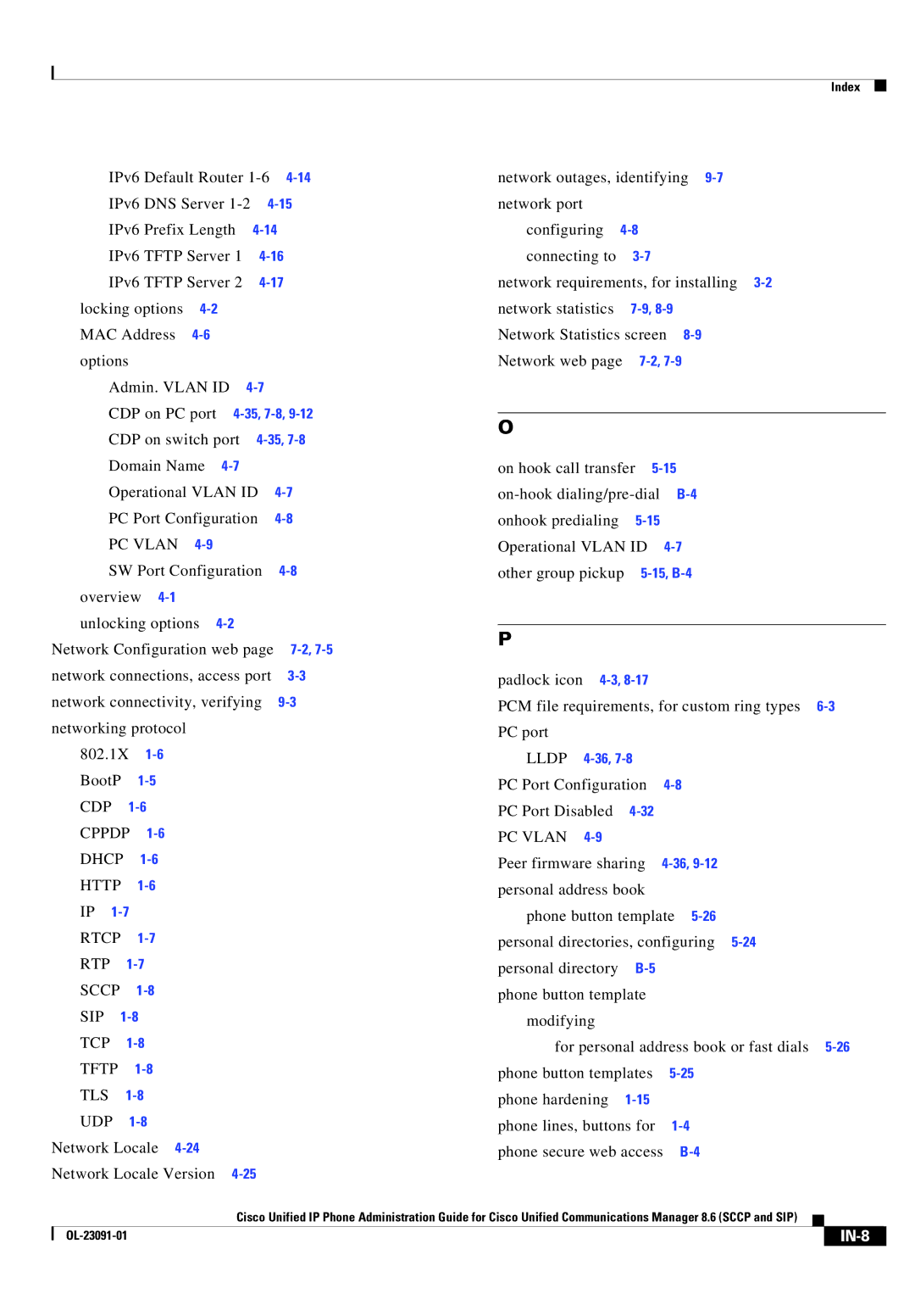 Cisco Systems 8.6 manual CDP Cppdp Dhcp Http Rtcp RTP Sccp SIP TCP Tftp TLS UDP, Lldp, IN-8 