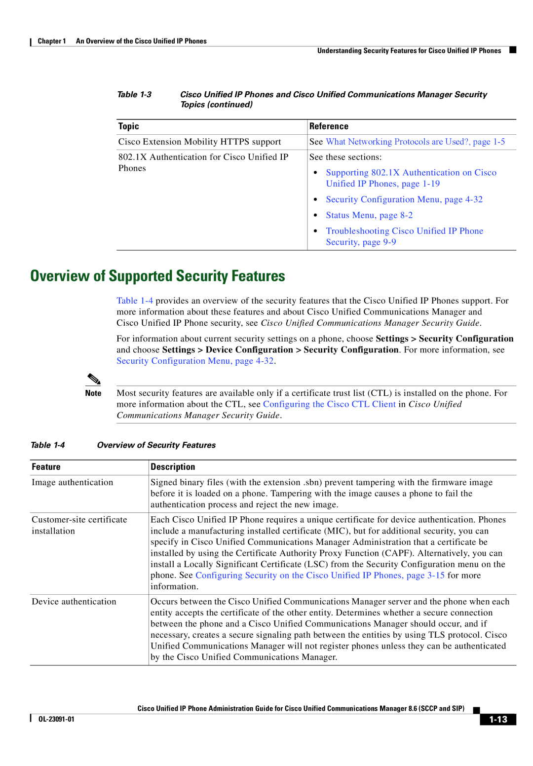 Cisco Systems 8.6 manual Overview of Supported Security Features, Feature Description 