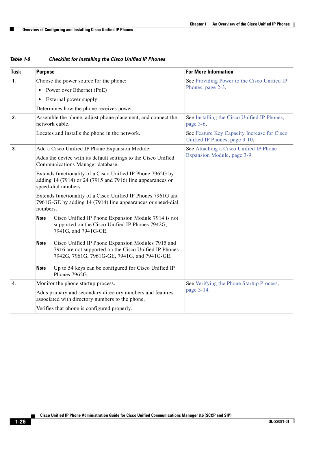 Cisco Systems 8.6 manual See Providing Power to the Cisco Unified IP, See Installing the Cisco Unified IP Phones 