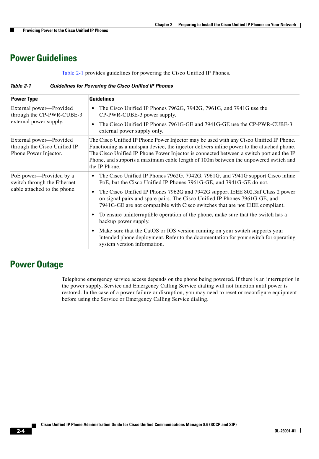 Cisco Systems 8.6 manual Power Guidelines, Power Outage, Power Type Guidelines 