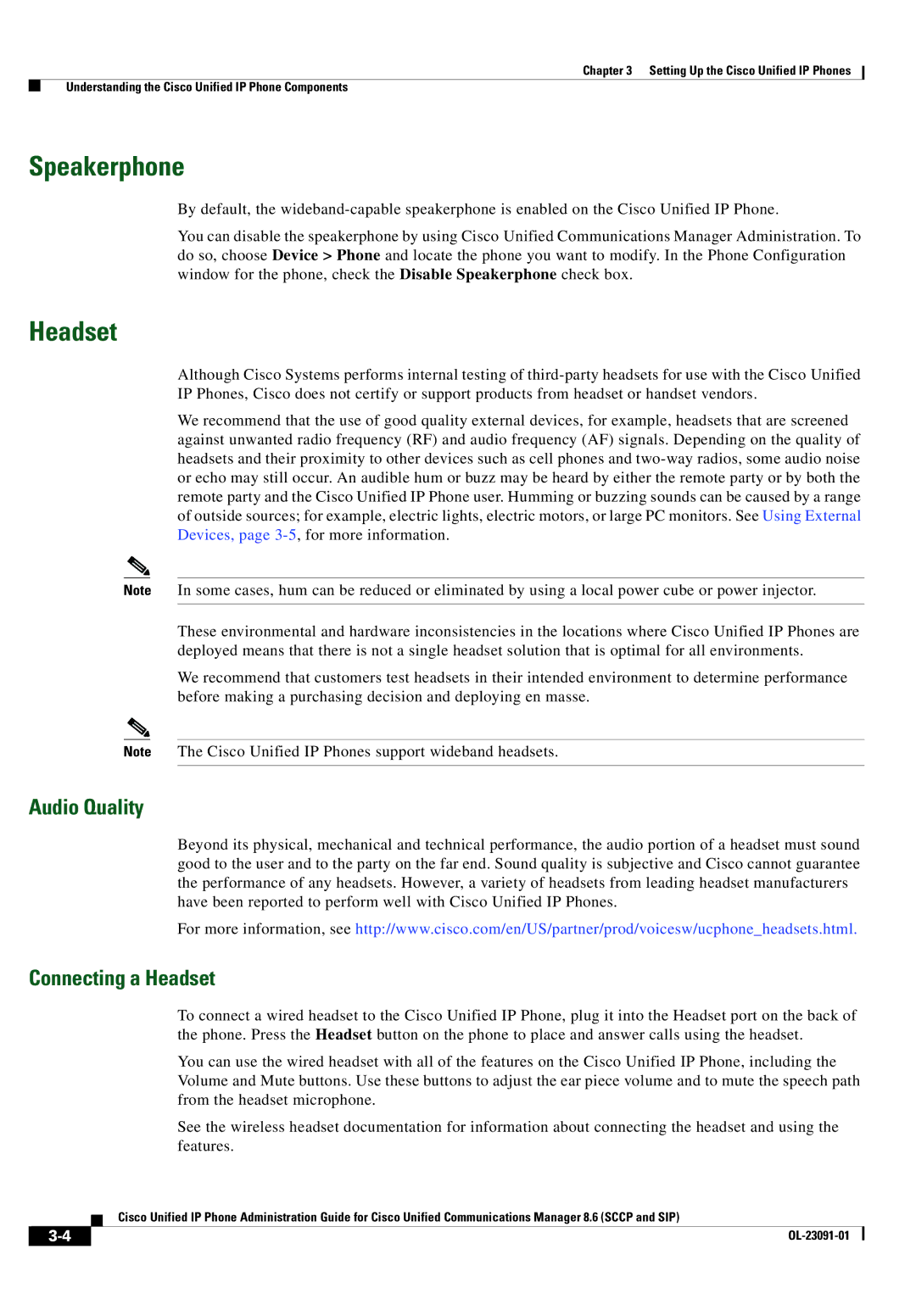 Cisco Systems 8.6 manual Speakerphone, Audio Quality, Connecting a Headset 