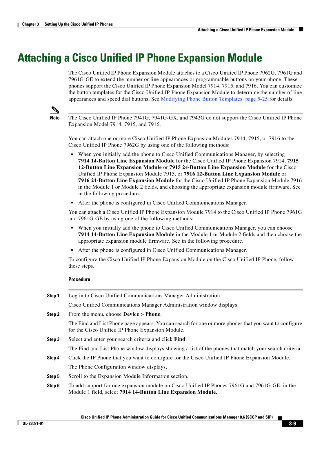 Cisco Systems 8.6 manual Attaching a Cisco Unified IP Phone Expansion Module, Procedure 