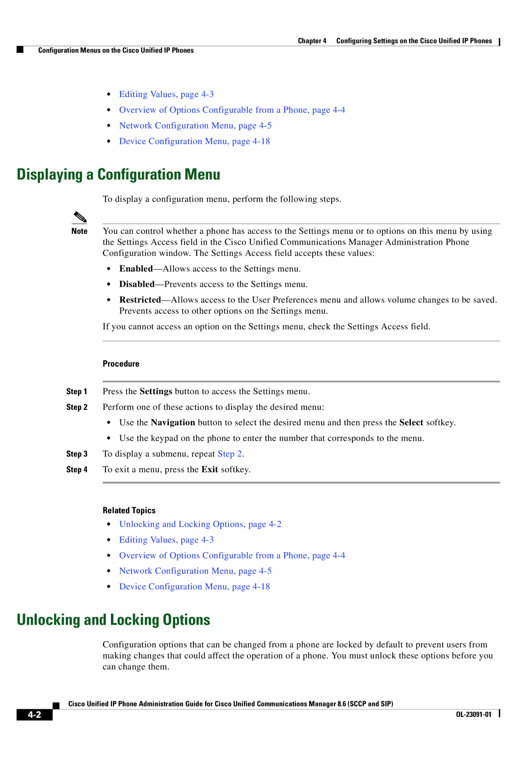 Cisco Systems 8.6 manual Displaying a Configuration Menu, Unlocking and Locking Options 