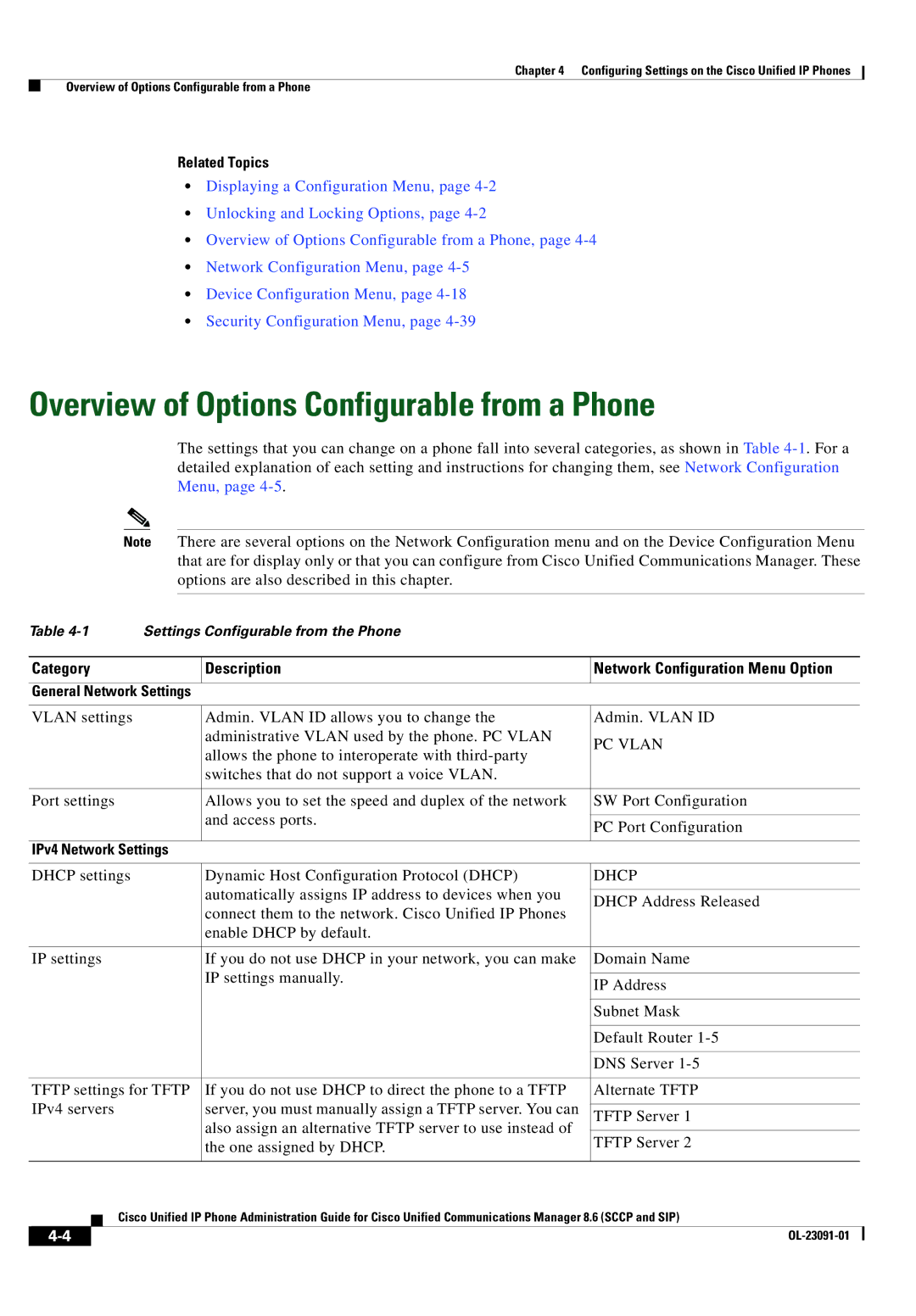 Cisco Systems 8.6 Overview of Options Configurable from a Phone, Category Description, PC Vlan, IPv4 Network Settings 