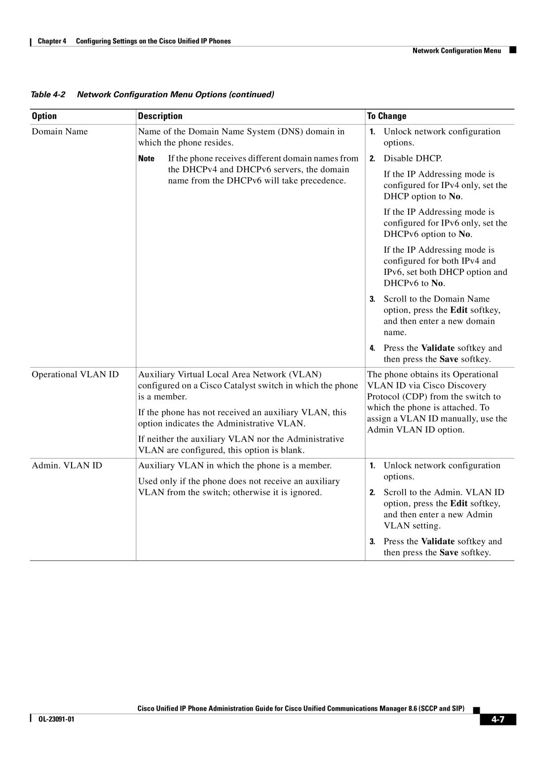 Cisco Systems 8.6 manual Option Description To Change 