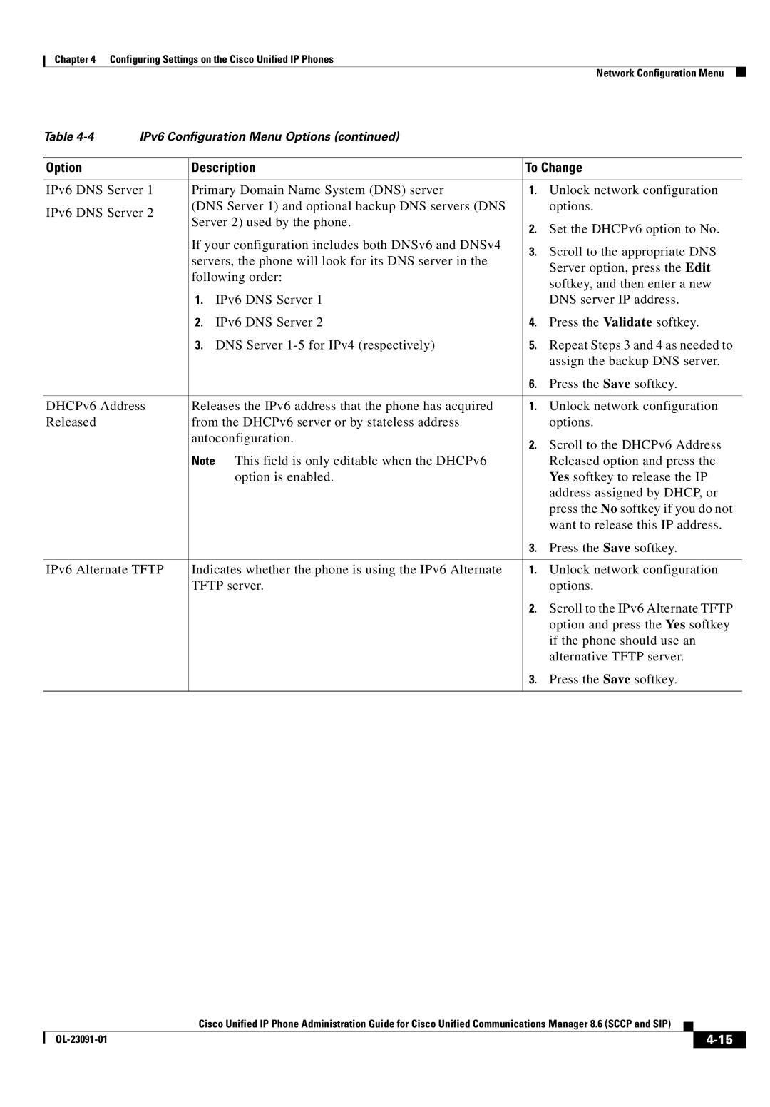 Cisco Systems 8.6 manual Option Description To Change 