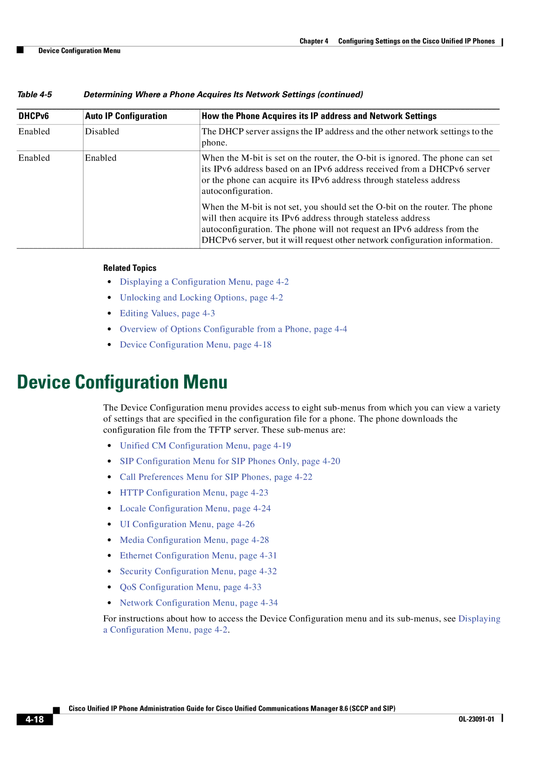 Cisco Systems 8.6 manual Device Configuration Menu, Related Topics 