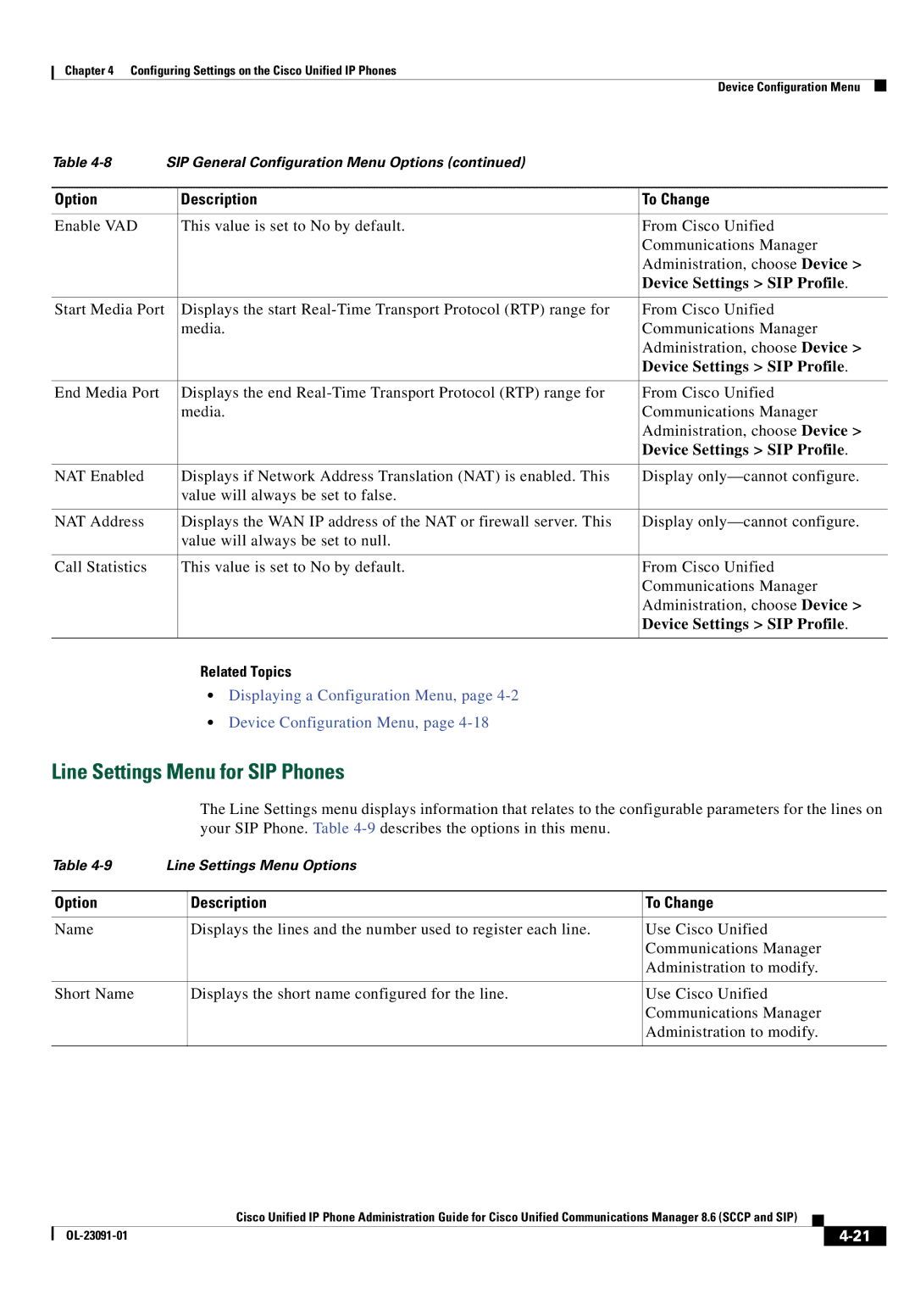 Cisco Systems 8.6 manual Line Settings Menu for SIP Phones, Displaying a Configuration Menu, Device Configuration Menu 