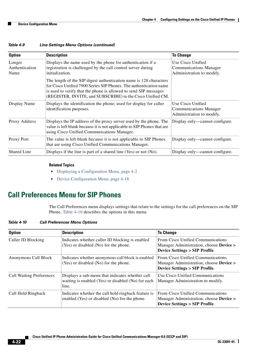 Cisco Systems 8.6 manual Call Preferences Menu for SIP Phones 