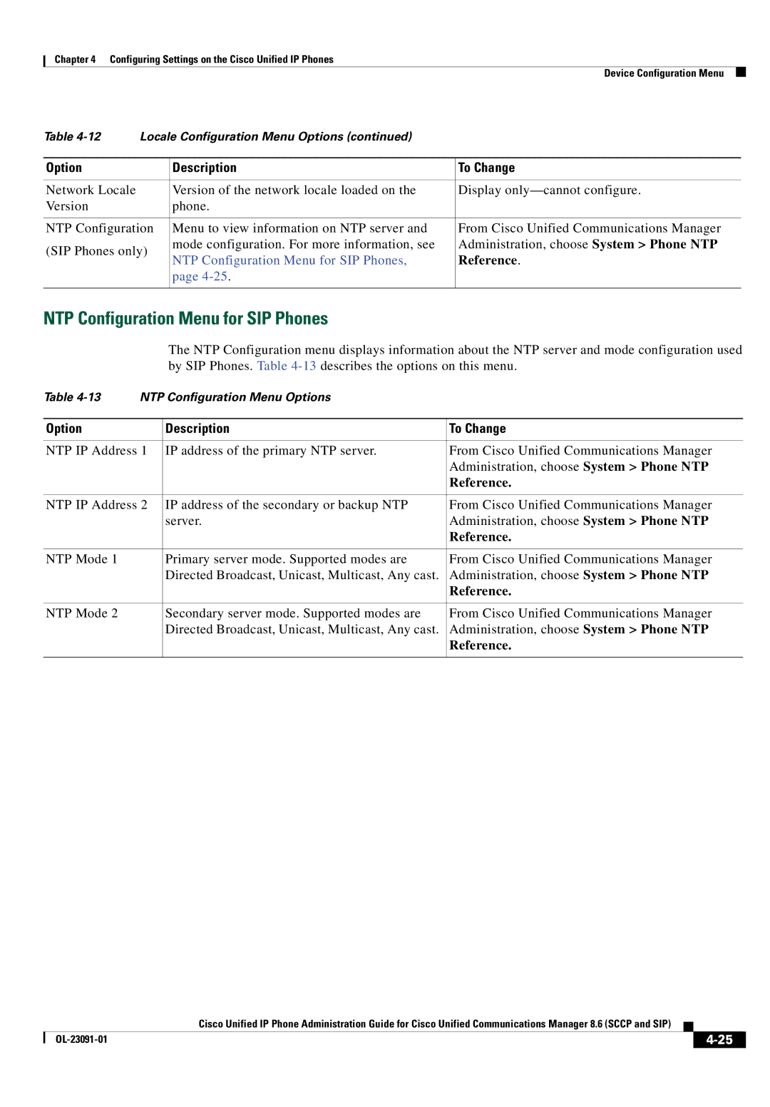 Cisco Systems 8.6 manual NTP Configuration Menu for SIP Phones, Reference 