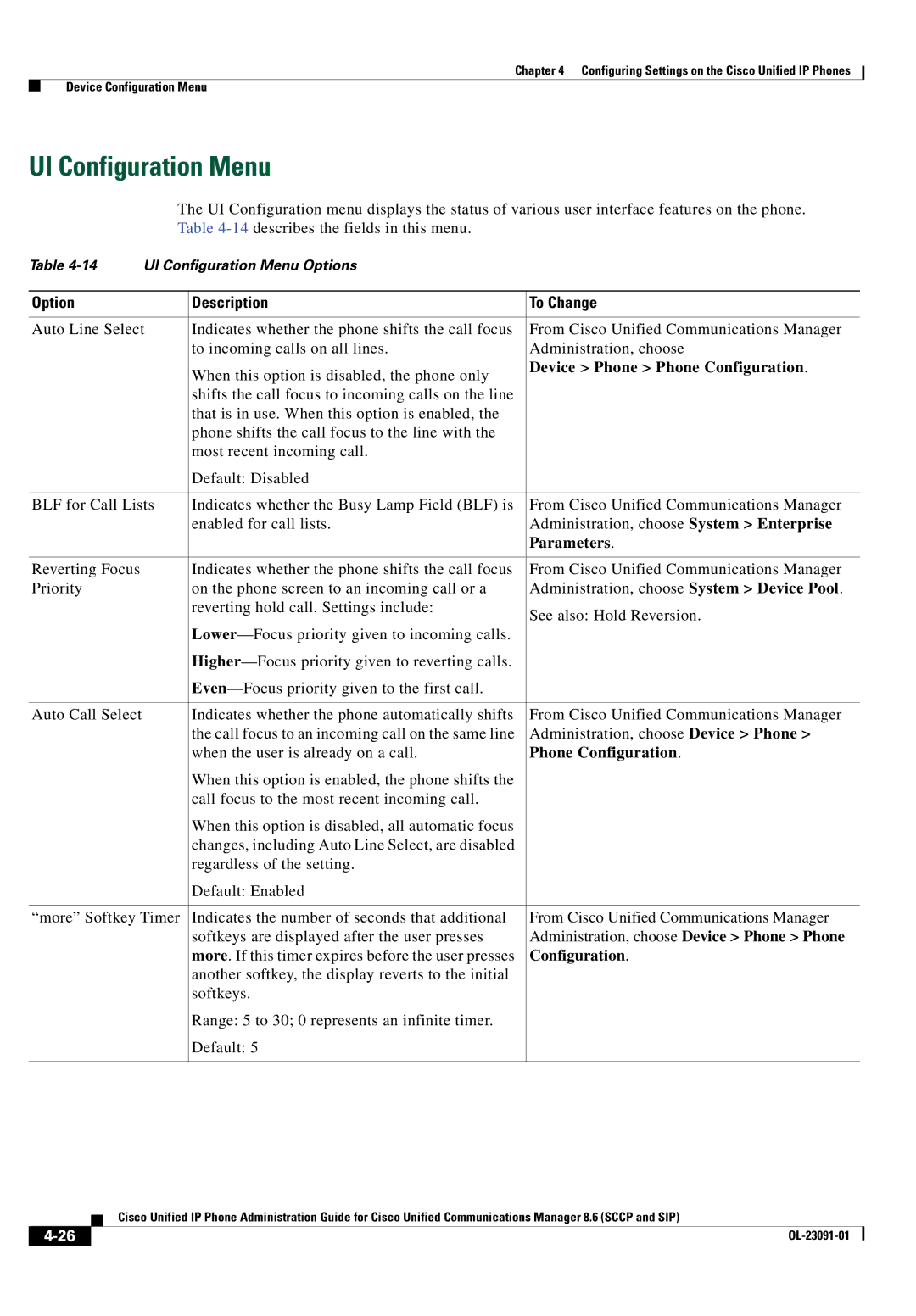 Cisco Systems 8.6 manual UI Configuration Menu, Device Phone Phone Configuration, Parameters 