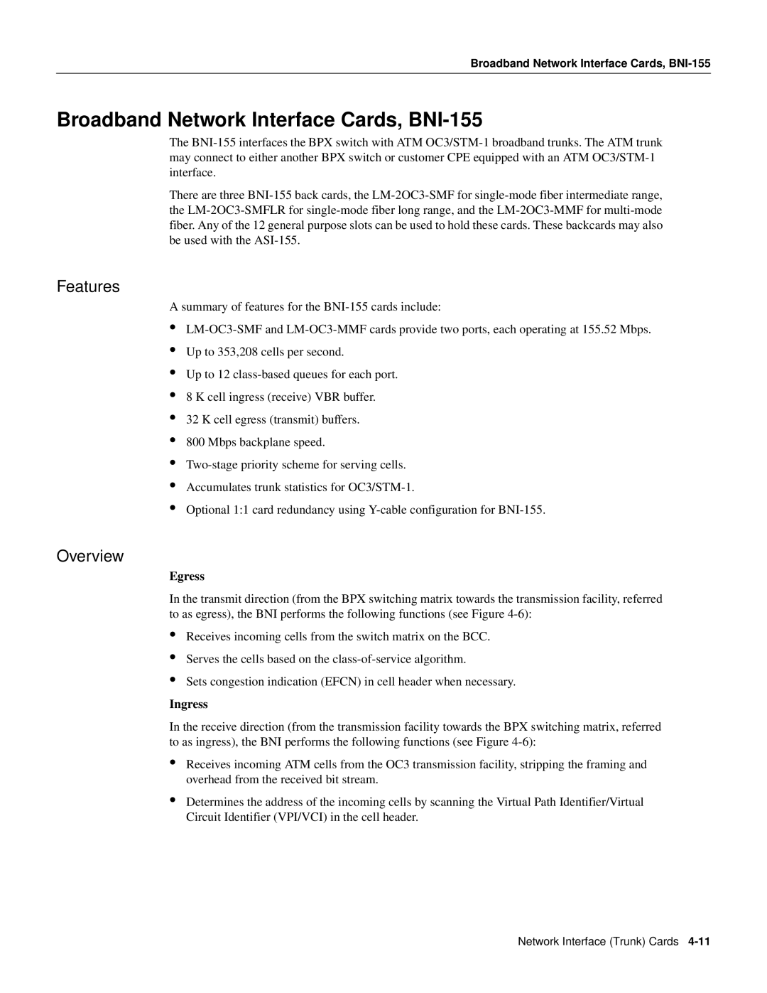 Cisco Systems 8600 Series manual Broadband Network Interface Cards, BNI-155, Overview, Egress, Ingress 