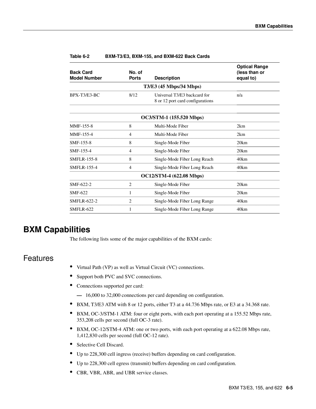 Cisco Systems 8600 Series manual BXM Capabilities, Features, T3/E3 45 Mbps/34 Mbps, OC3/STM-1 155.520 Mbps 