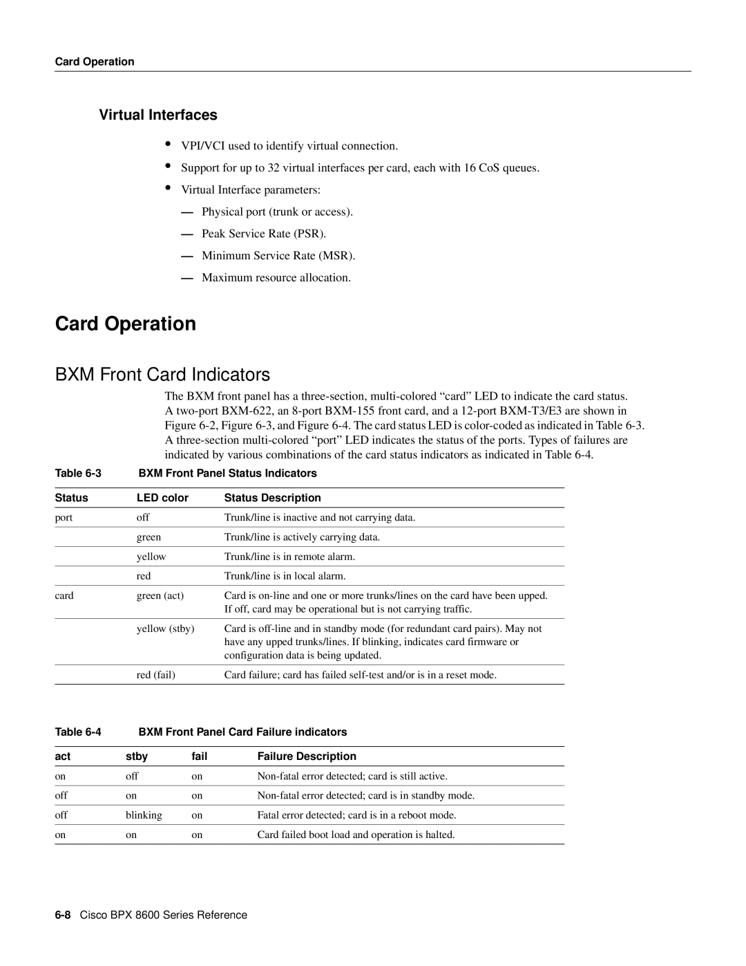 Cisco Systems 8600 Series manual Card Operation, BXM Front Card Indicators, BXM Front Panel Status Indicators 