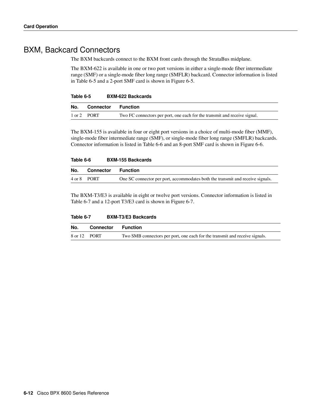 Cisco Systems 8600 Series manual BXM, Backcard Connectors, BXM-622 Backcards, BXM-155 Backcards, BXM-T3/E3 Backcards 