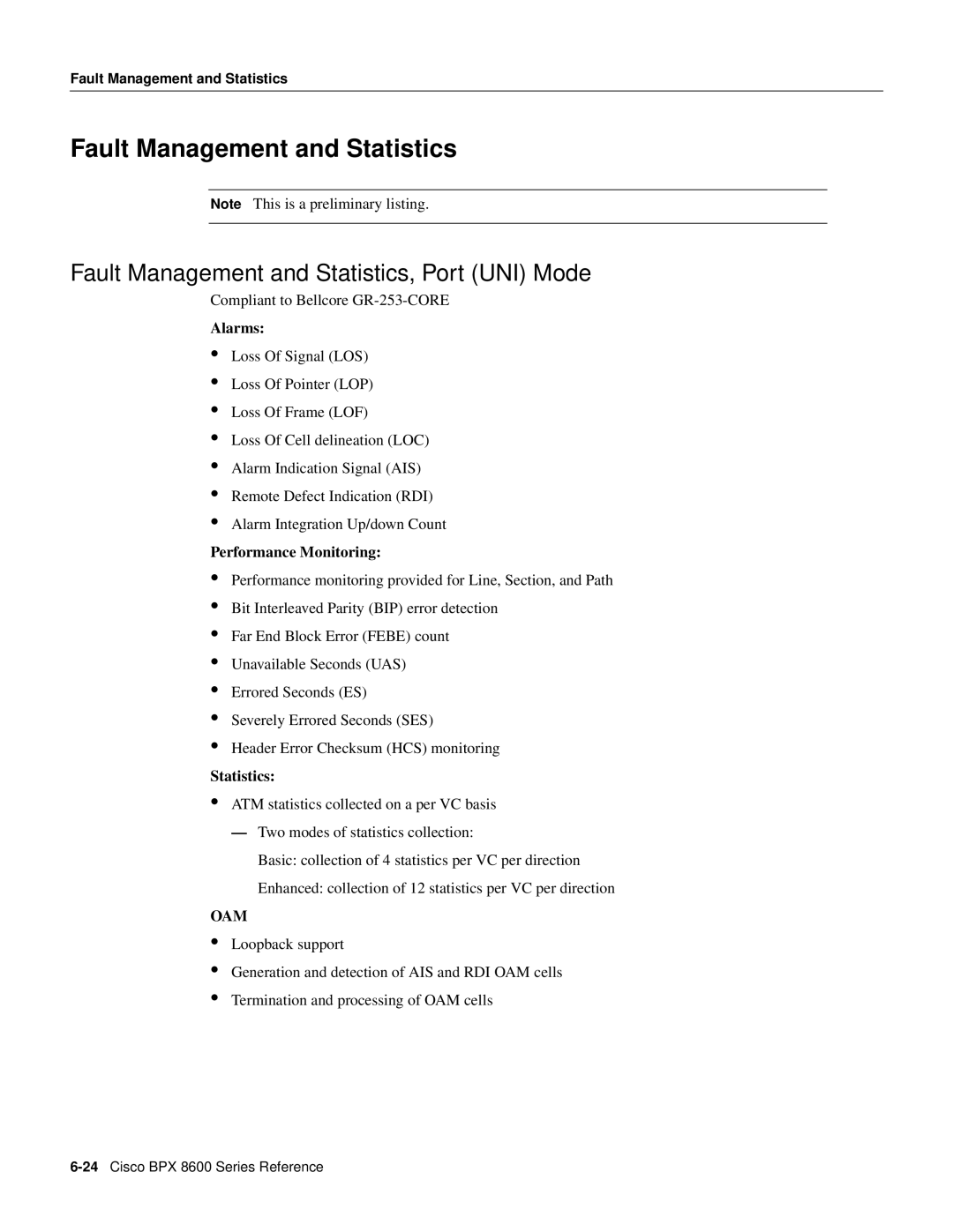 Cisco Systems 8600 Series manual Fault Management and Statistics, Port UNI Mode, Alarms, Performance Monitoring 