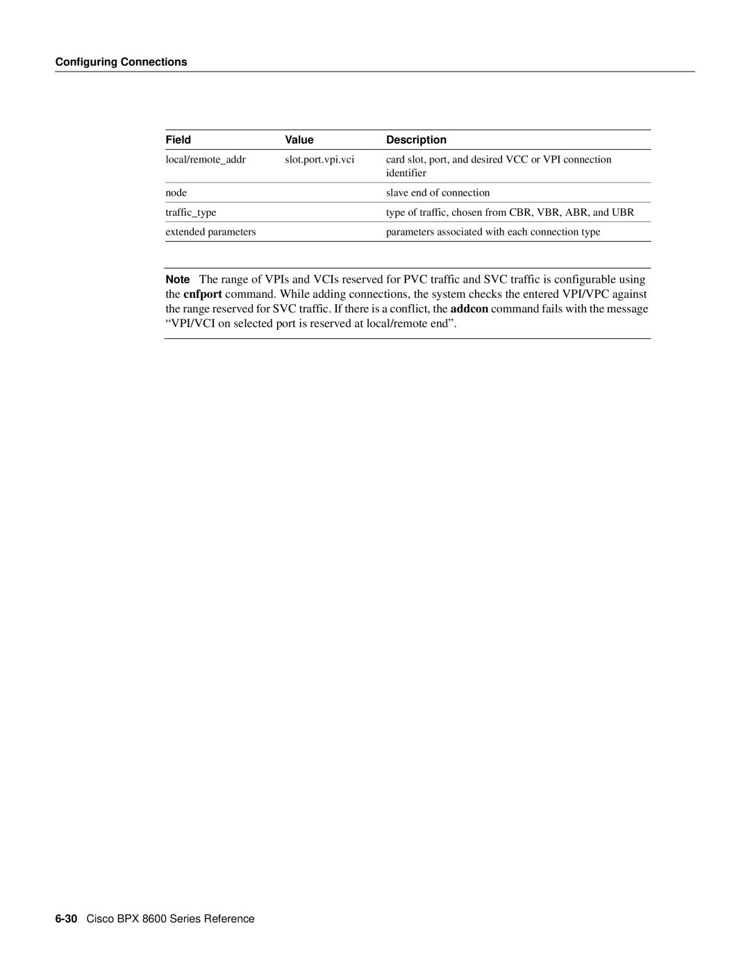 Cisco Systems 8600 Series manual Configuring Connections Field Value Description 