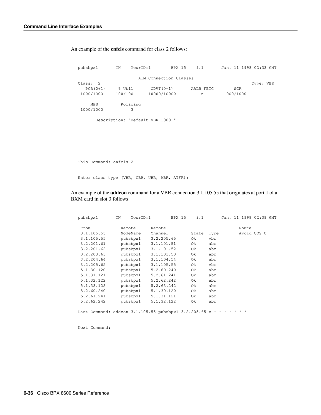 Cisco Systems 8600 Series manual An example of the cnfcls command for class 2 follows 