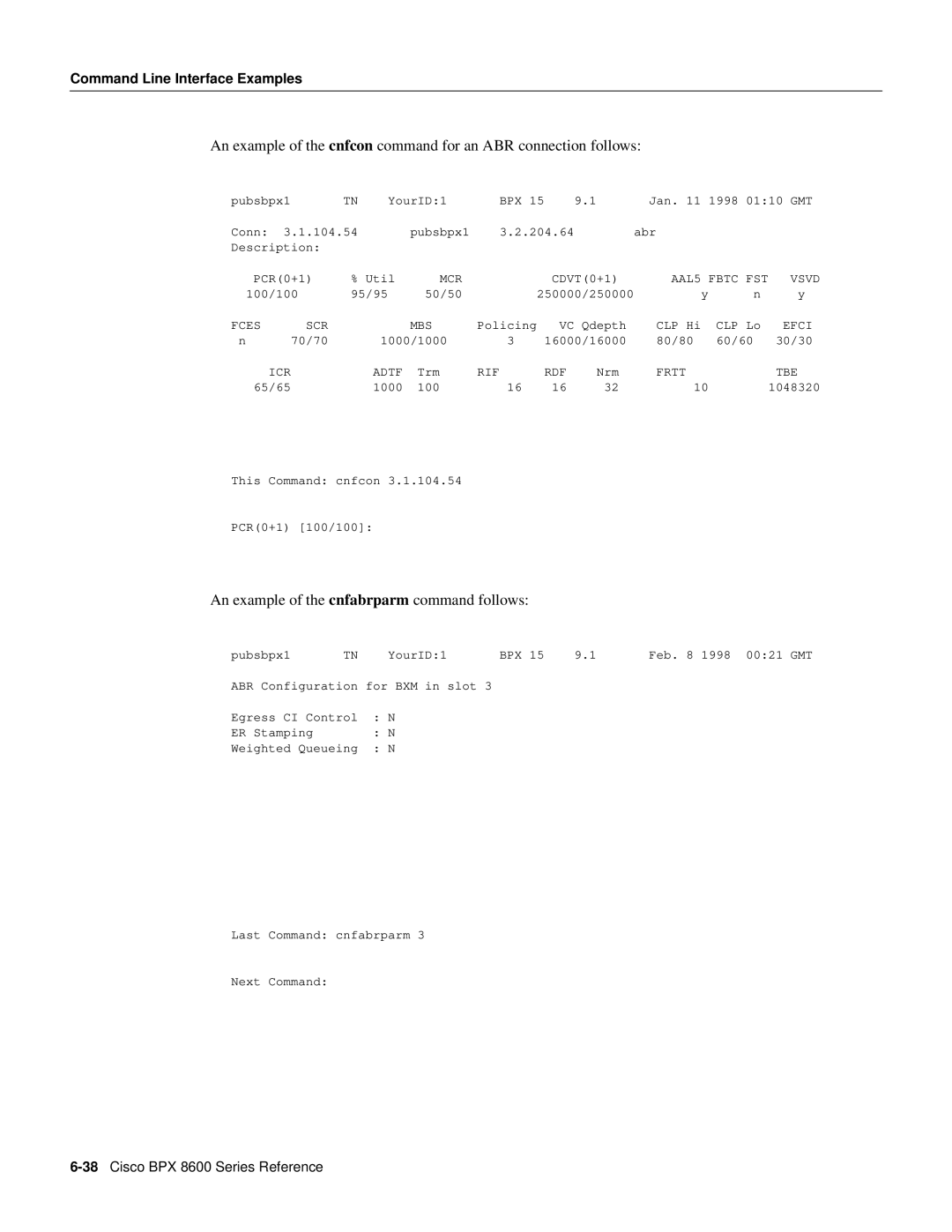 Cisco Systems 8600 Series manual An example of the cnfabrparm command follows 