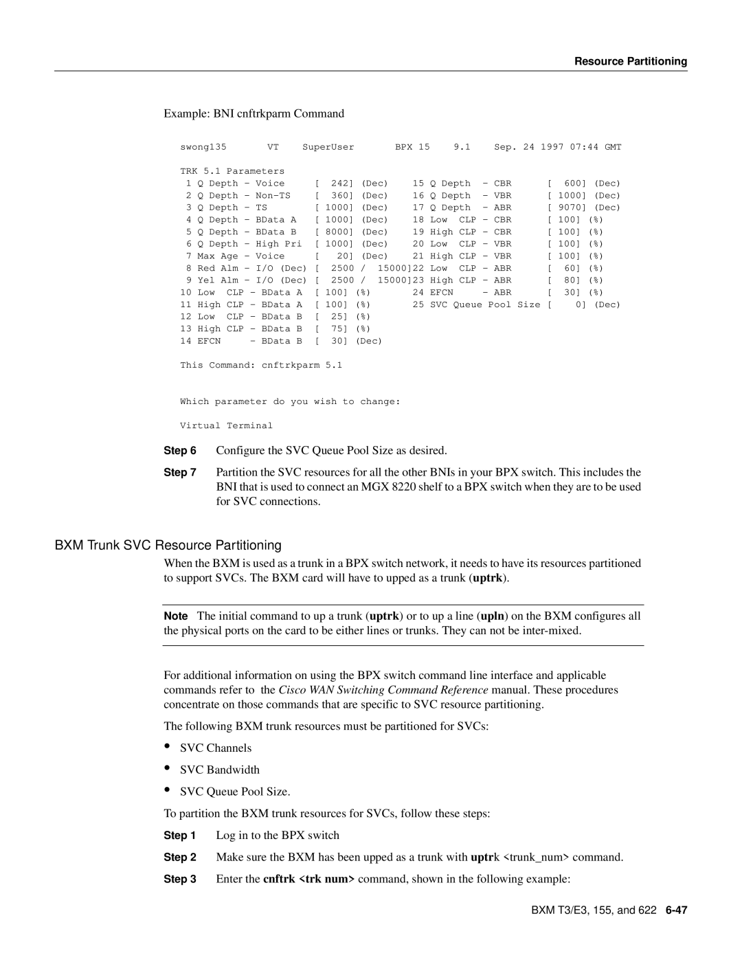 Cisco Systems 8600 Series manual BXM Trunk SVC Resource Partitioning, Example BNI cnftrkparm Command 