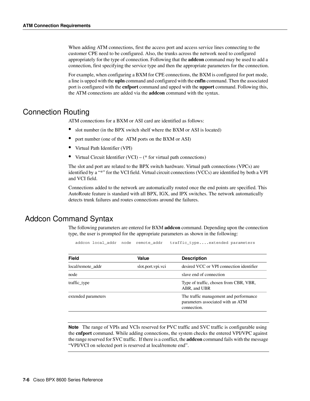 Cisco Systems 8600 Series manual Connection Routing, Addcon Command Syntax, Field Value Description 