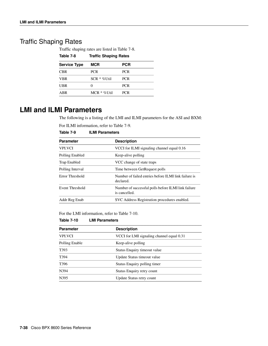 Cisco Systems 8600 Series manual LMI and Ilmi Parameters, Traffic Shaping Rates 