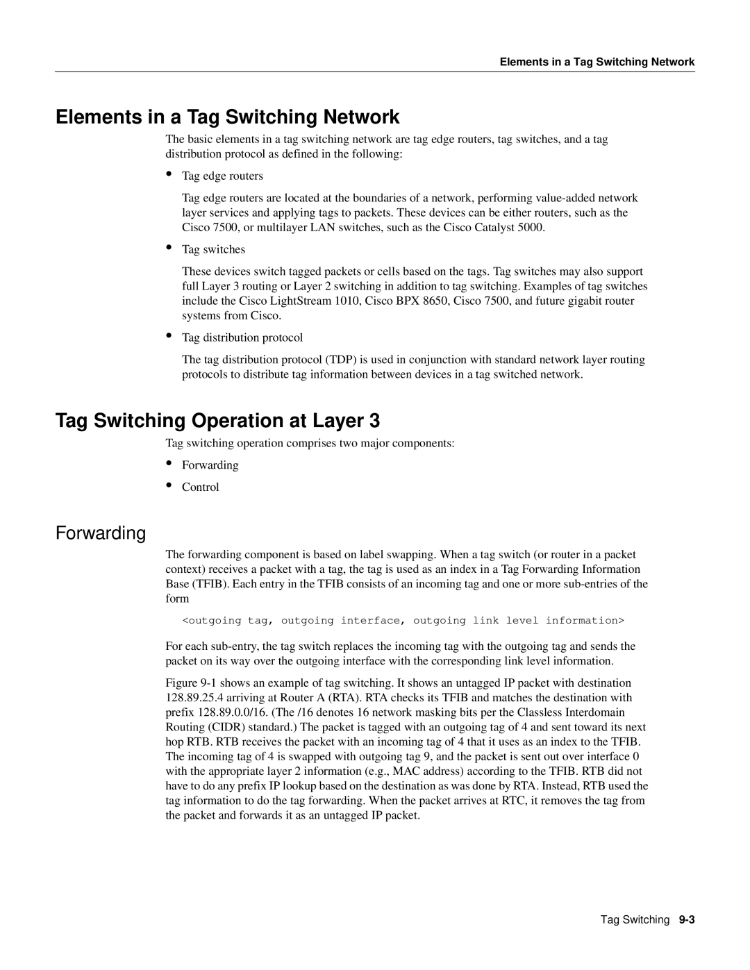 Cisco Systems 8600 Series manual Elements in a Tag Switching Network, Tag Switching Operation at Layer, Forwarding 