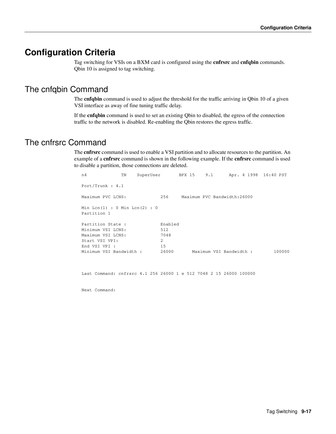 Cisco Systems 8600 Series manual Configuration Criteria, Cnfqbin Command, Cnfrsrc Command 